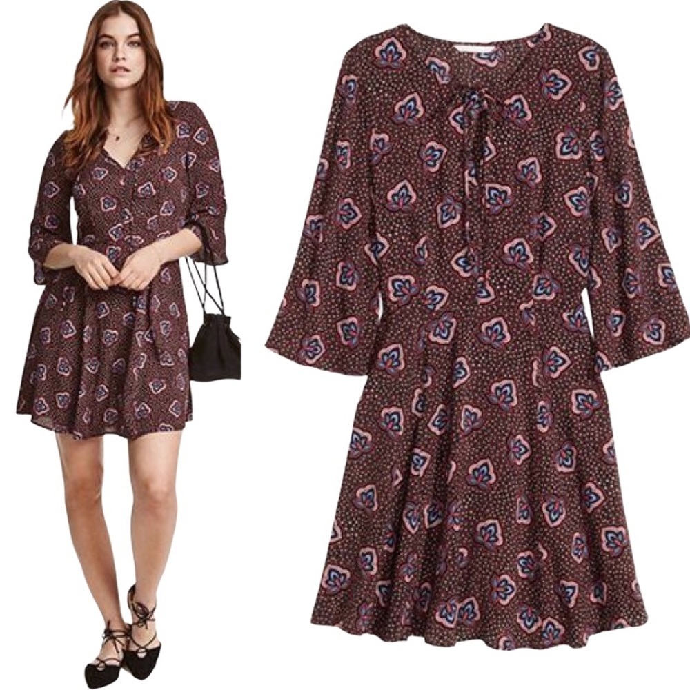 H&M Boho Patterned Long Sleeve Fit & Flare Dress Brown Size 4